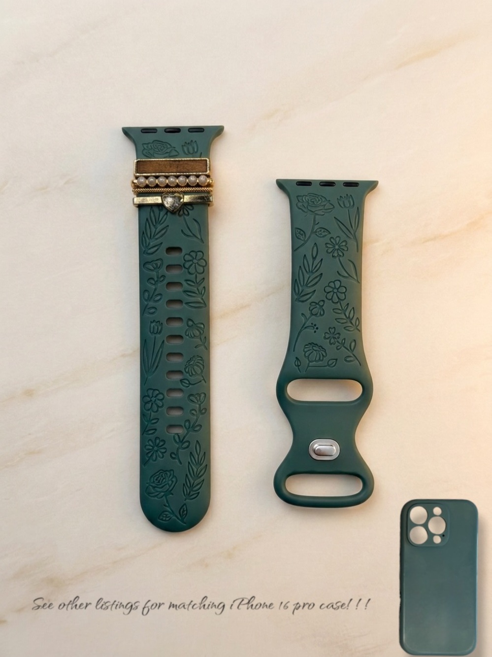 Daqin Flower Engraved Band for Apple Watch Silicone Strap Gold Charms Sage Green